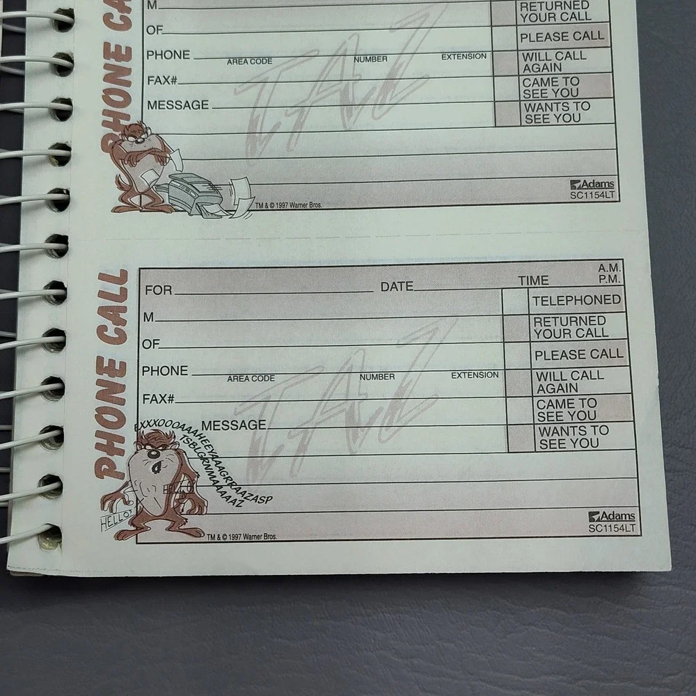 Vintage Looney Tunes Taz Phone Message Book 1997 Carbon Paper‎ Tasmanian Devil